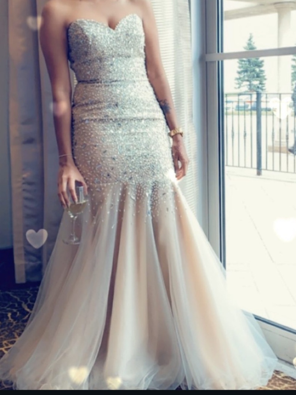 PromGirl Strapless Beaded Mermaid Gown in Silver and Nude